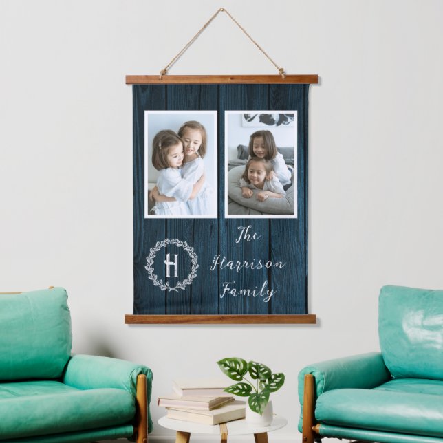 Monogramm-Foto der blauen Rustikalfamilie Wandteppich Mit Holzrahmen (Wohnzimmer)