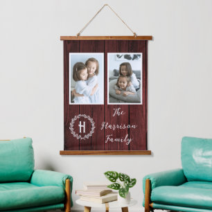 Monogramm-Foto der Roten Rustikalen Familie Wandteppich Mit Holzrahmen