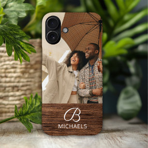 Monogramm Foto Holzmaserung Holz personalisierter iPhone 16 Plus Hülle