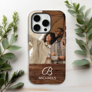 Monogramm Foto Holzmaserung Holz Personalisierter iPhone 16 Pro Hülle