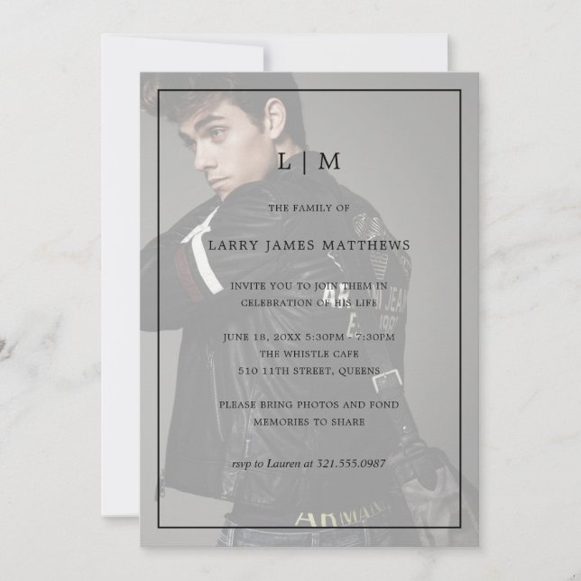 Monogramm Foto Moderne Feier des Lebens Einladung (Vorderseite)