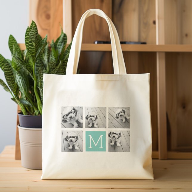 Monogramm-FotoCollage - Bis zu 5 Foto Aquamarin Tragetasche (Personalized tote bag with photos and custom text)