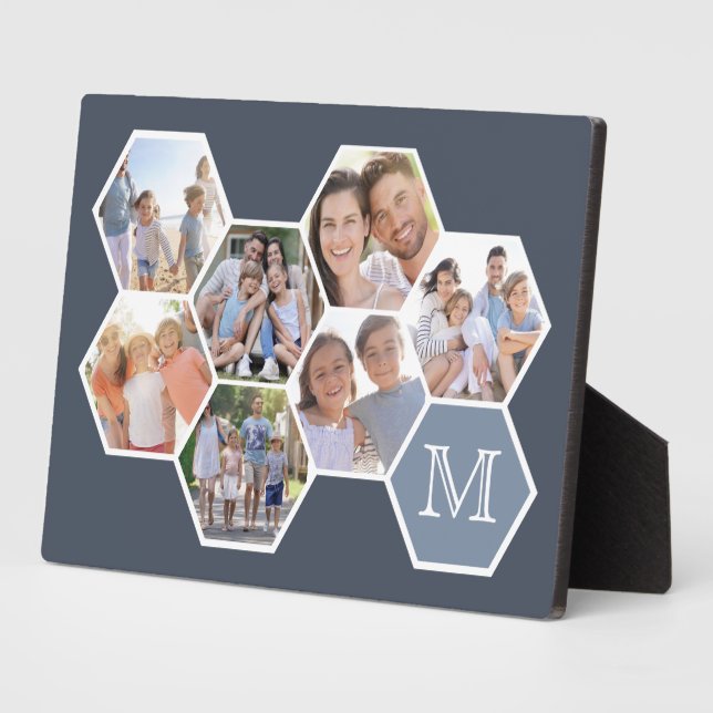 Monogramm-FotoCollage | Blue Hexagons Fotoplatte (Seite)