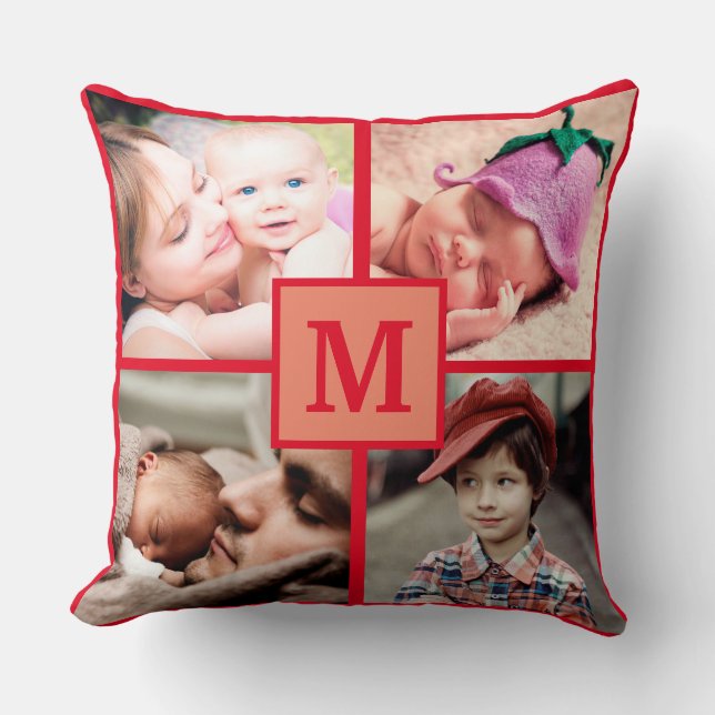 Monogramm FotoCollage Personalize Red Pictures Kissen (Vorderseite)