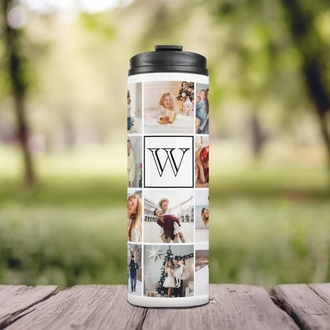 Monogramm FotoCollage White Thermosbecher (Give the perfect gift with this monogram design featuring a 19-photo collage. )