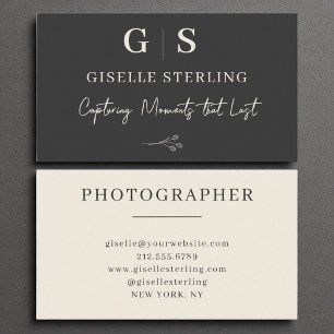 Monogramm Fotograf Elegant Moderne Schwarze Creme Visitenkarte