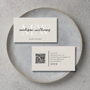 Monogramm Friseur QR Code Neutral Beige Visitenkarte