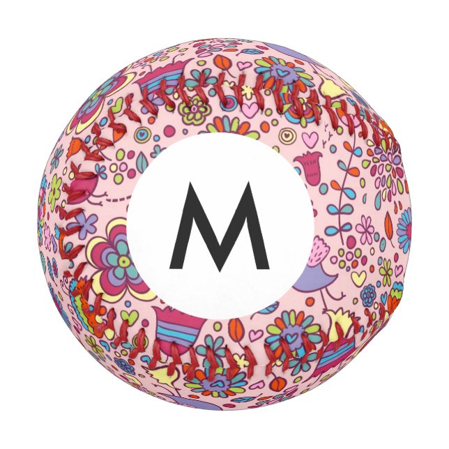 Monogramm-Frühlingsmuster mit farbenfrohen Blumen Baseball (Vorderseite Links)