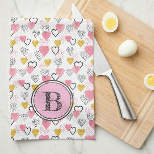 Monogramm-funkelndes Gold u. Aquarell-rosa Herzen Geschirrtuch