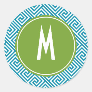 Monogramm für Aqua und grünes griechisches Schlüss Runder Aufkleber