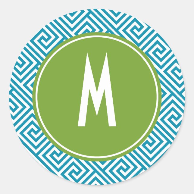 Monogramm für Aqua und grünes griechisches Schlüss Runder Aufkleber (Vorderseite)