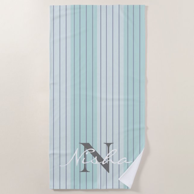 Monogramm für aquamarine blaugraue Streifen Strandtuch (Vorderseite)