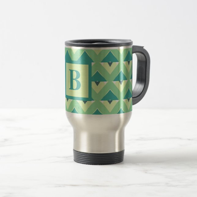 Monogramm für aquamarines und blaues geometrisches reisebecher (VorderseiteRechts)