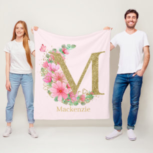 Monogramm für Aquarellgolden und Blumen Fleecedecke