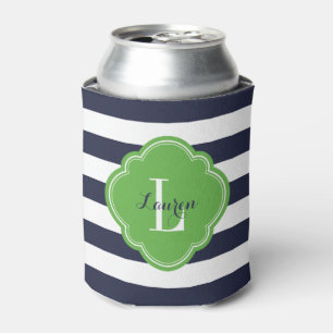 Monogramm für blaue und grüne Preppy-Streifen Dosenkühler