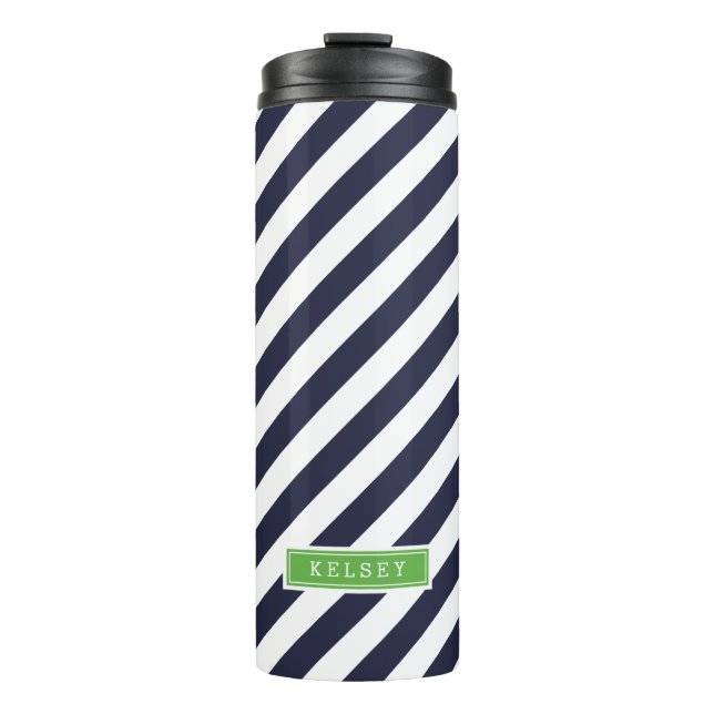 Monogramm für blaue und grüne Preppy-Streifen Thermosbecher (Vorderseite)