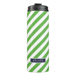 Monogramm für blaue und grüne Preppy-Streifen Thermosbecher