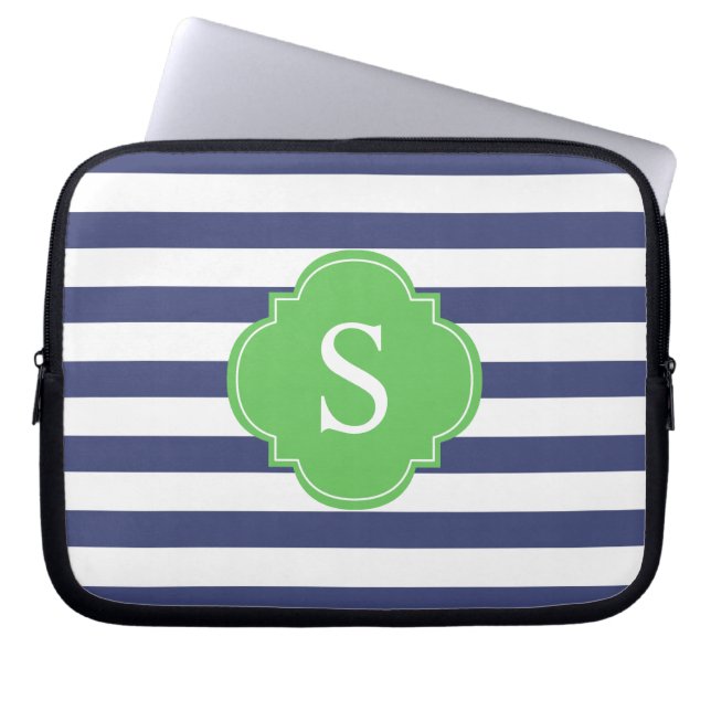 Monogramm für blaue und grüne Streifen Laptopschutzhülle (Vorderseite)
