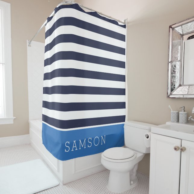 Monogramm für Blaue und Navy Stripes Duschvorhang (Beispiel)