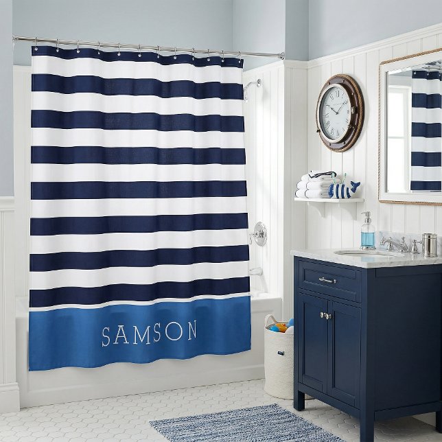 Monogramm für Blaue und Navy Stripes Duschvorhang (Von Creator hochgeladen)