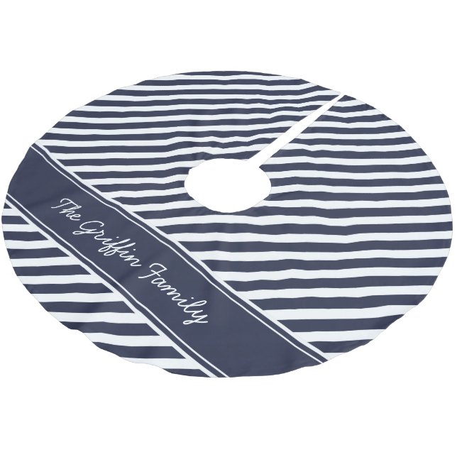 Monogramm für blaue und weiße Preppy-Streifen Polyester Weihnachtsbaumdecke (Schrägansicht)