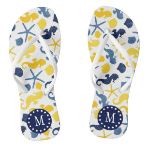 Monogramm für blaues und goldenes Seepferd Flip Flops