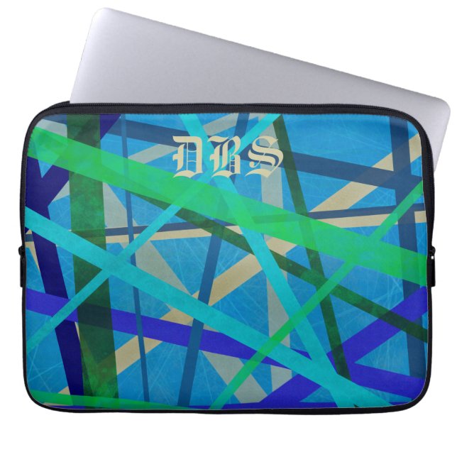 Monogramm für blaues und grünes geometrisches Must Laptopschutzhülle (Vorderseite)