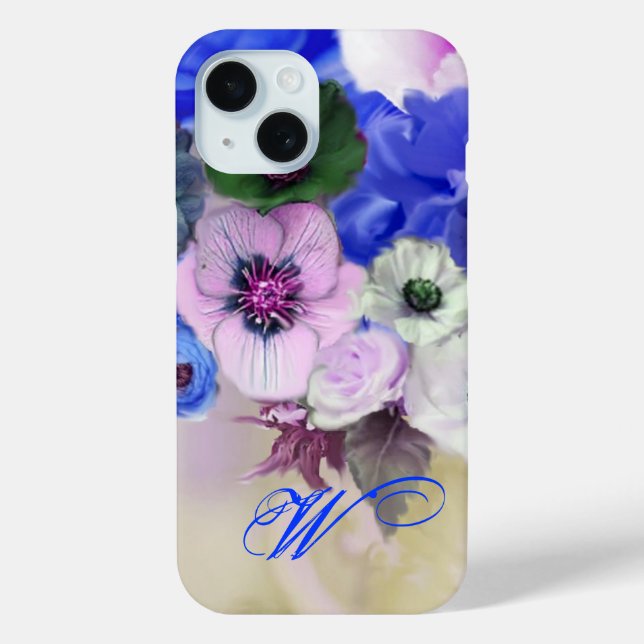 MONOGRAMM FÜR BLAUWEISSE ROSEN UND ANEMONEN-BLUME iPhone 15 HÜLLE (Rückseite)