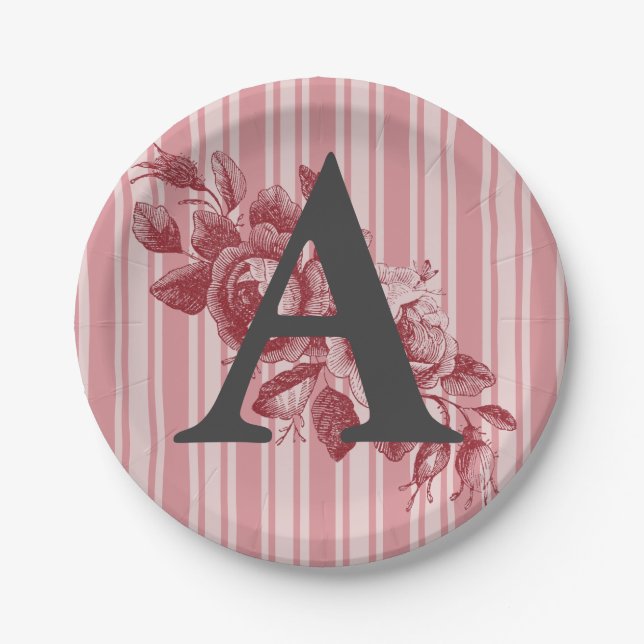 Monogramm für Cabbage-Rose Rosa Rosa Blütenblüte Pappteller (Vorderseite)