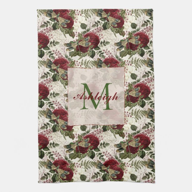 Monogramm für Creme-Dragonfische und Rose Geschirrtuch (Vertikal)
