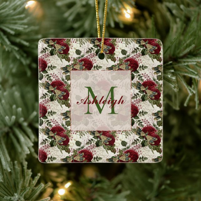 Monogramm für Creme-Dragonfische und Rose Keramikornament (Baum)