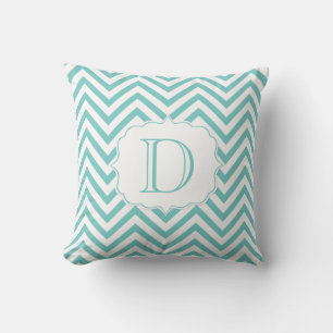 Monogramm für das aquamarine und weiße Zickzack Mu Kissen