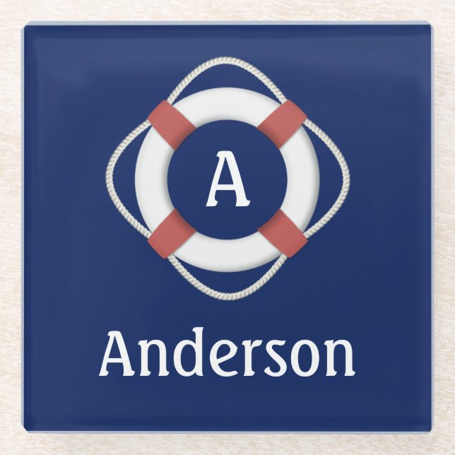 Monogramm für das blaue Nautikleben Glasuntersetzer (Vorderseite)