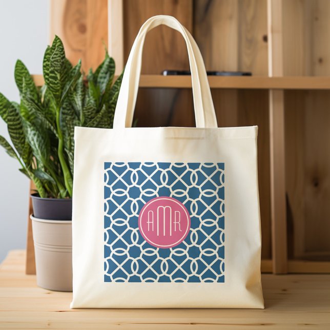 Monogramm für das Muster Hot Pink & Blau Tragetasche (Personalized tote bag with photos and custom text)