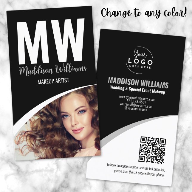 Monogramm für das Schwarz-weiße moderne Foto Visitenkarte (Black White Modern Makeup QR Code Logo Monogram Business Card)