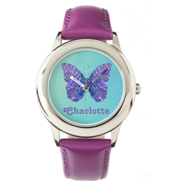 Monogramm für den blauen und Lila Schmetterlingsna Armbanduhr (Vorderseite)