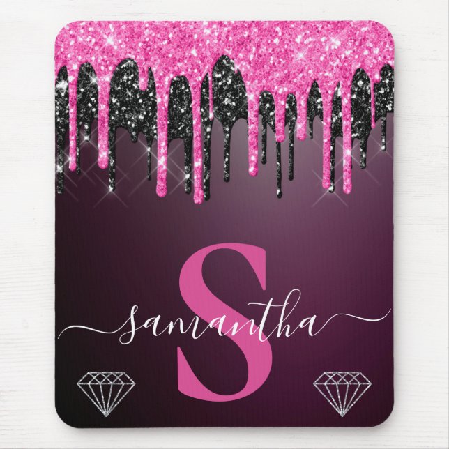 Monogramm für den Glitzer "Hot Pink & Black Drilli Mousepad (Vorne)
