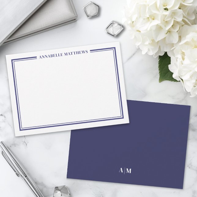 Monogramm für den Minimalistischen Namen der Navy  Mitteilungskarte (Navy Blue Border Minimalist Name Monogram Note Card)