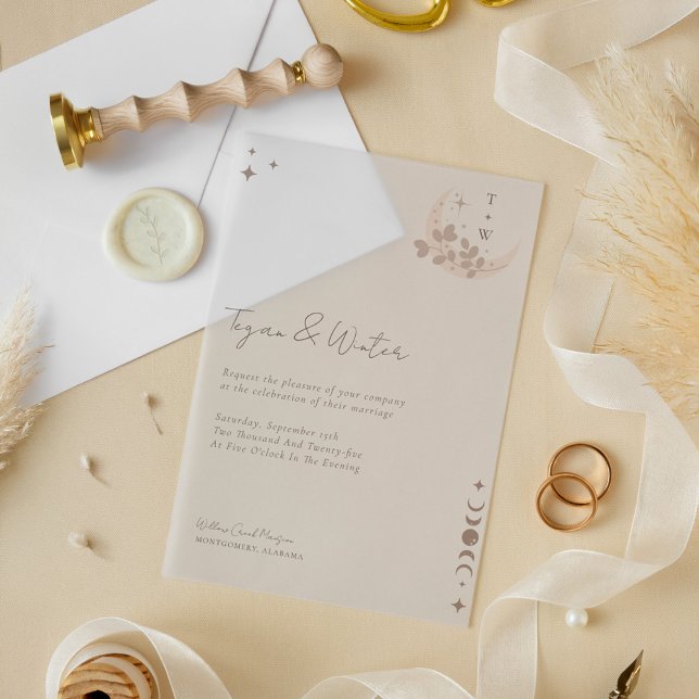 Monogramm für den Mond und die Sterne (Minimal Celestial Holistic Moon & Stars Monogram Vellum Invitations)