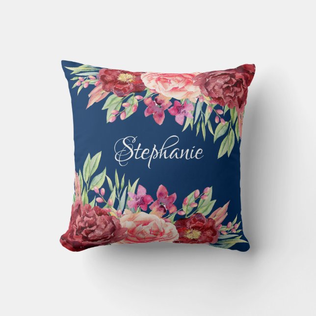 Monogramm für den Namen von Navy Burgundy Floral Kissen (Vorderseite)