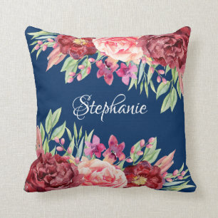 Monogramm für den Namen von Navy Burgundy Floral Kissen