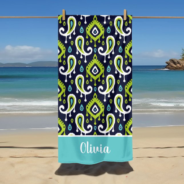 Monogramm für den Namen von Navy und Green Ikat Pa Strandtuch (Von Creator hochgeladen)