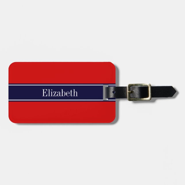 Monogramm für den roten, navy Blue Ribbon-Namen Gepäckanhänger (Vorderseite horizontal)
