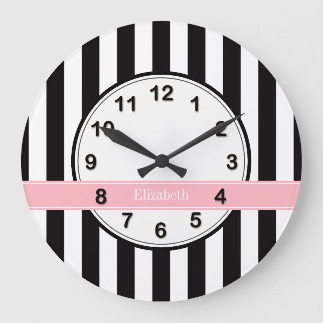 Monogramm für den Schwarz-weißen Streifen rosa Mul Große Wanduhr (Vorderseite)