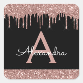 Monogramm für den Schwarzen Rose-Gold-Glitzer Quadratischer Aufkleber