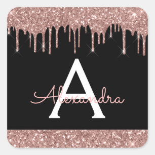 Monogramm für den Schwarzen Rose-Gold-Glitzer Quadratischer Aufkleber