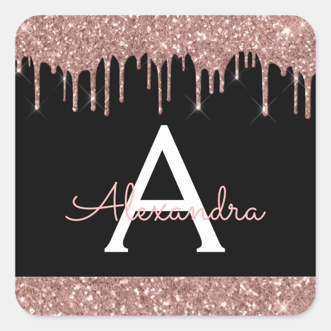 Monogramm für den Schwarzen Rose-Gold-Glitzer Quadratischer Aufkleber (Vorderseite)