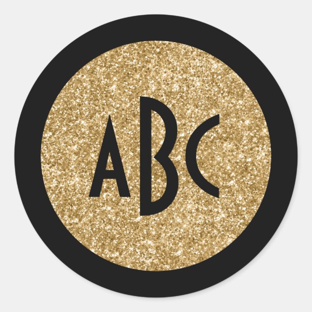 Monogramm für den schwarzen und goldenen Glitzer Runder Aufkleber (Vorderseite)