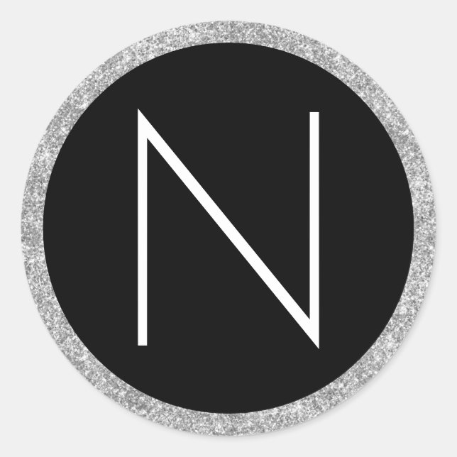 Monogramm für den weißen Schwarzweiß-Silber-Glitze Runder Aufkleber (Vorderseite)