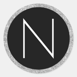 Monogramm für den weißen Schwarzweiß-Silber-Glitze Runder Aufkleber